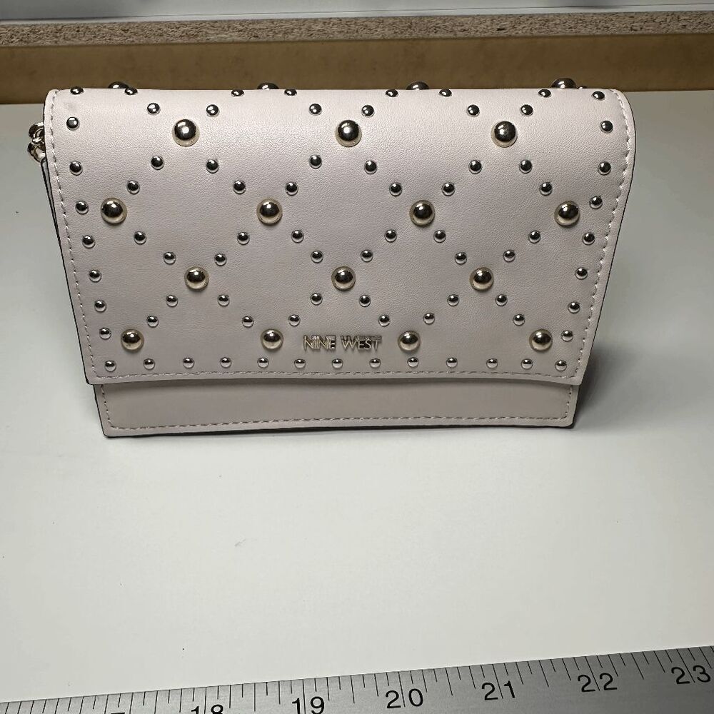 NINE WEST Studded‎ Wallet Clutch Chain Strap Beige Small Purse - Picture 2 of 7